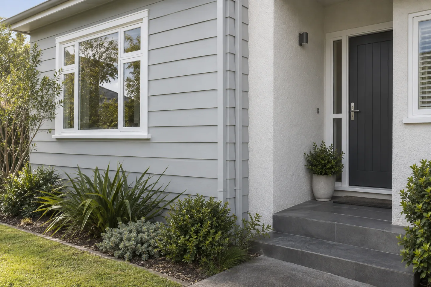 Painted weatherboards, textured plaster, white window trim and a front entrance