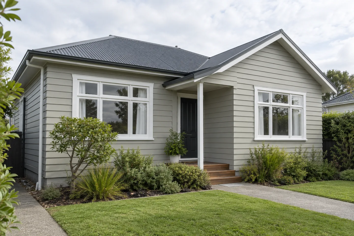 Grey weatherboard house with white window trim and a landscaped front garden