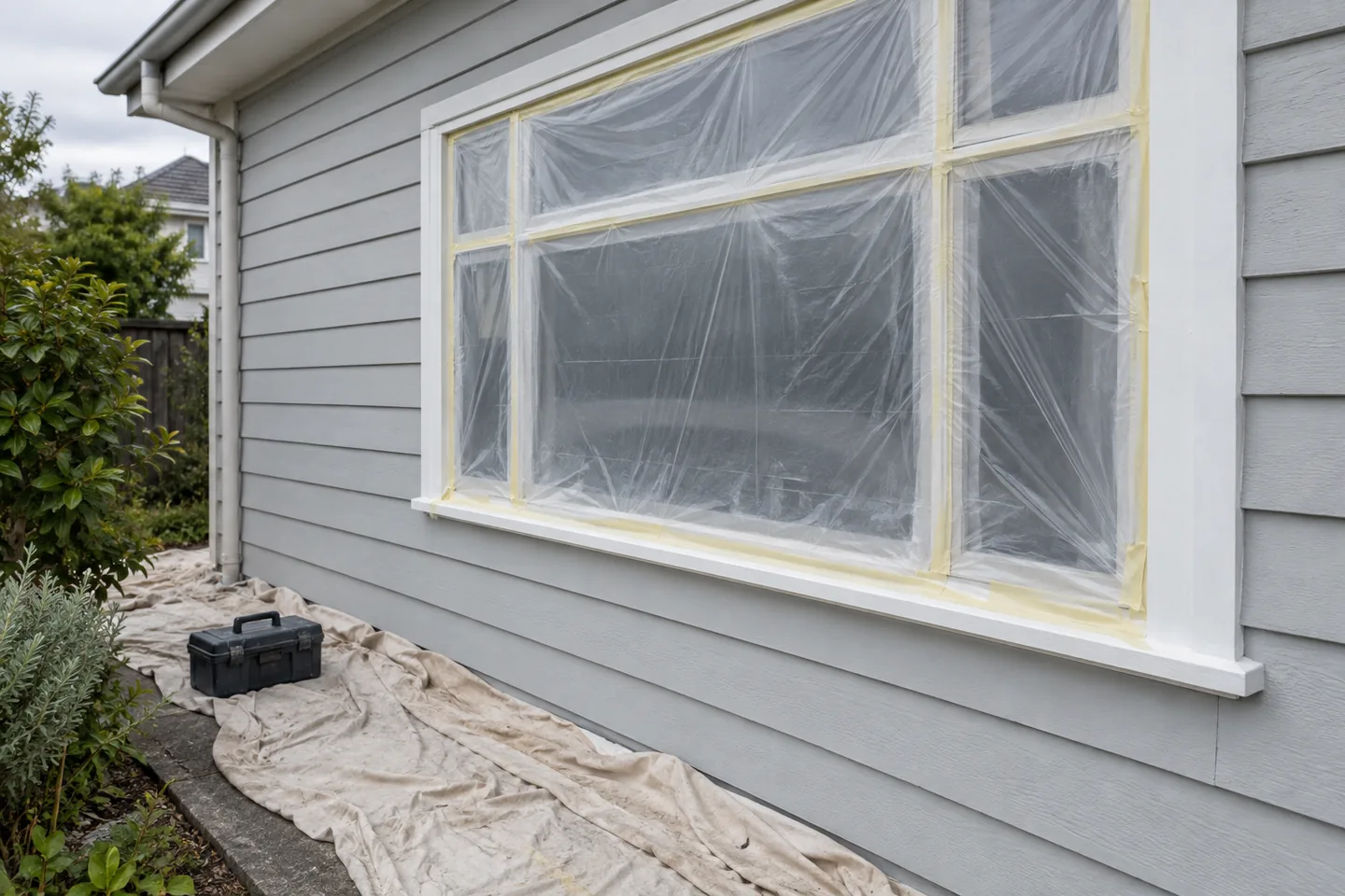 Window protected with masking film and a canvas drop cloth before exterior painting