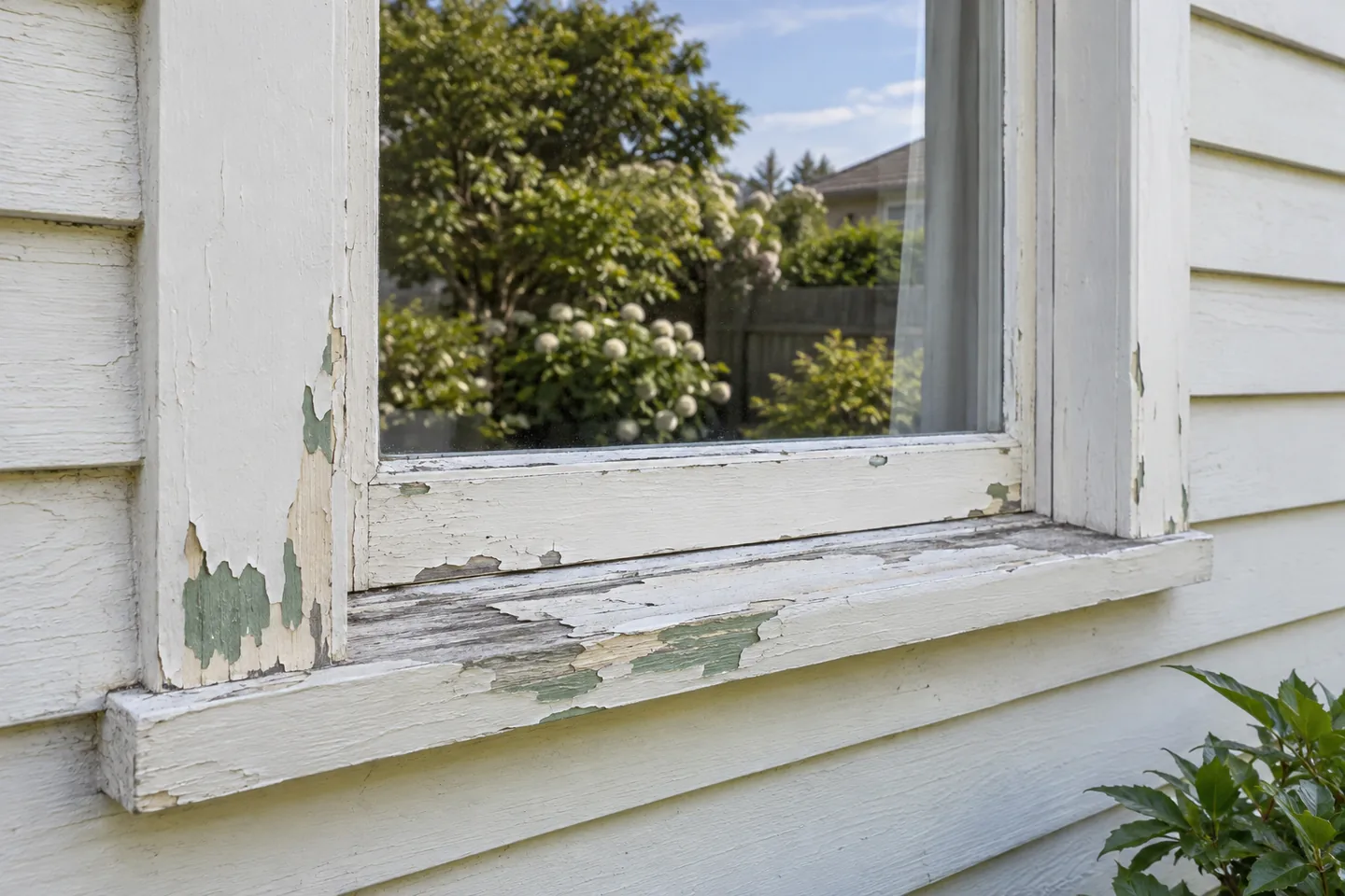 Flaking older paint on timber window joinery and an exterior sill
