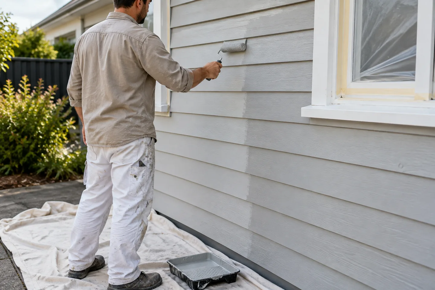 Painter applying grey paint to timber weatherboards beside a masked window