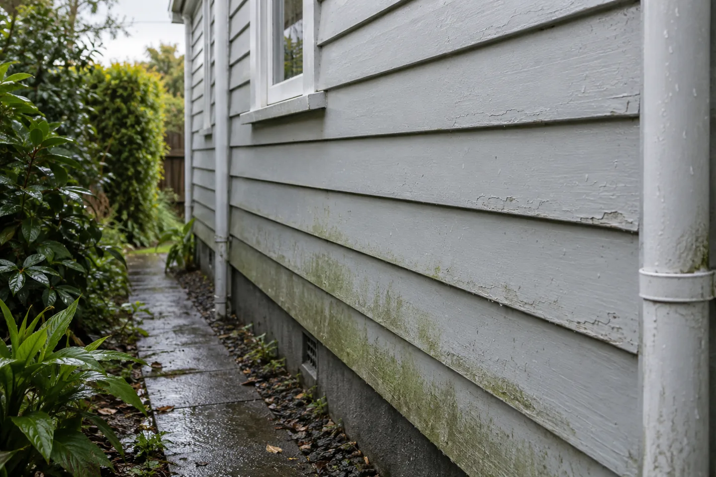 Weathered paint and green surface growth on shaded exterior weatherboards