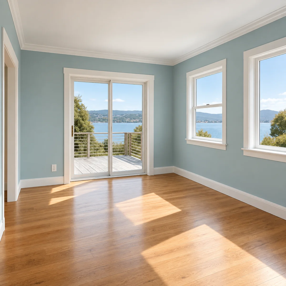 Illustrative interior with refined blue-green paintwork, white trim and a lake view